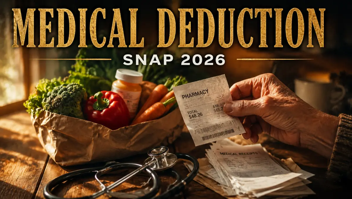 Grocery bag, medication, and medical receipts representing the SNAP Medical Expense Deduction for 2026