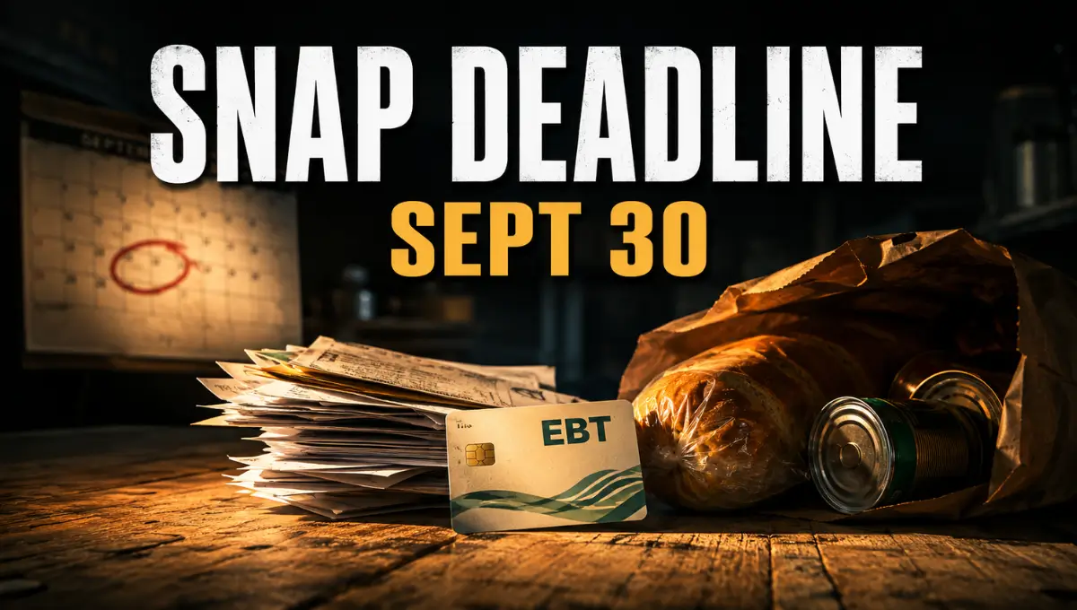 EBT card standing beside unpaid bills and a grocery bag on a kitchen table, representing the SNAP September 30 funding deadline
