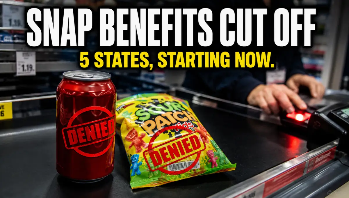 SNAP EBT card checkout showing soda and candy blocked from purchase under new 2026 state food stamp restrictions