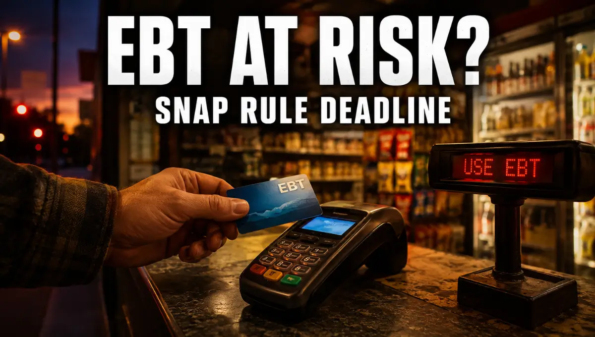 Hand holding EBT card at convenience store checkout counter with dramatic lighting, symbolizing SNAP rule changes