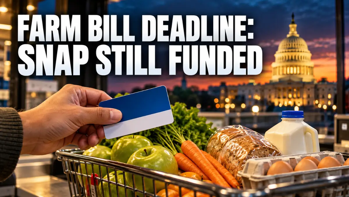 Shopper holding a benefits card over a grocery basket with the U.S. Capitol at dusk, illustrating the 2026 farm bill deadline and SNAP funding