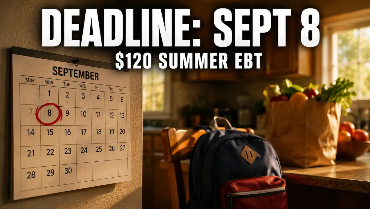 Kitchen calendar with September 8 circled in red next to a school backpack and grocery bag, symbolizing New York Summer EBT deadline