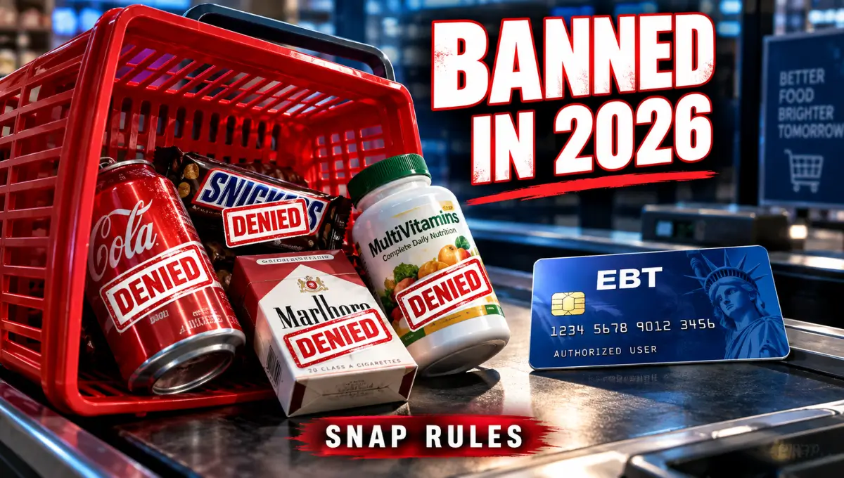Grocery basket with soda, candy, cigarettes, and vitamins stamped "denied" next to an EBT card, illustrating SNAP food stamp items banned in 2026