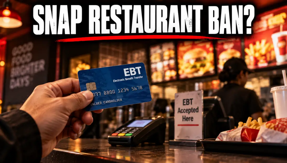 EBT card held near a restaurant counter with bold text reading SNAP Restaurant Ban