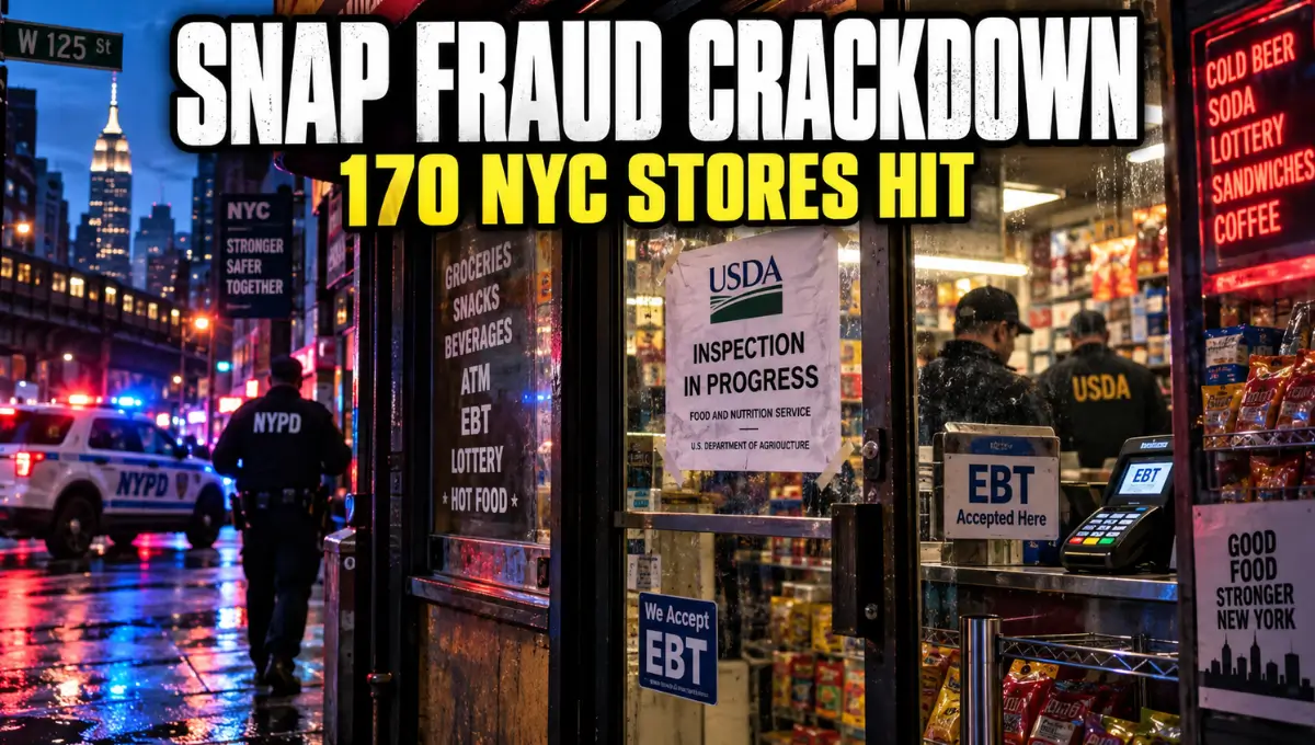NYC bodega storefront lit by emergency lights during USDA SNAP fraud crackdown on 170 retailers